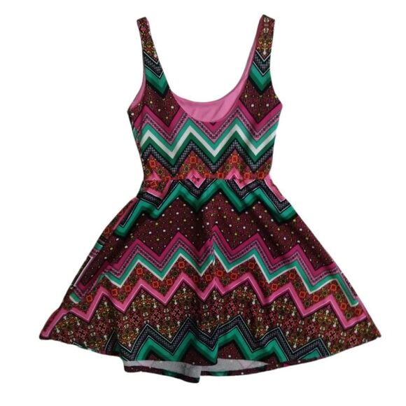 Blue Rain Colorful Chevron Pattern Fit and Flare Mini Length Dress Women's Small - Picture 2 of 12